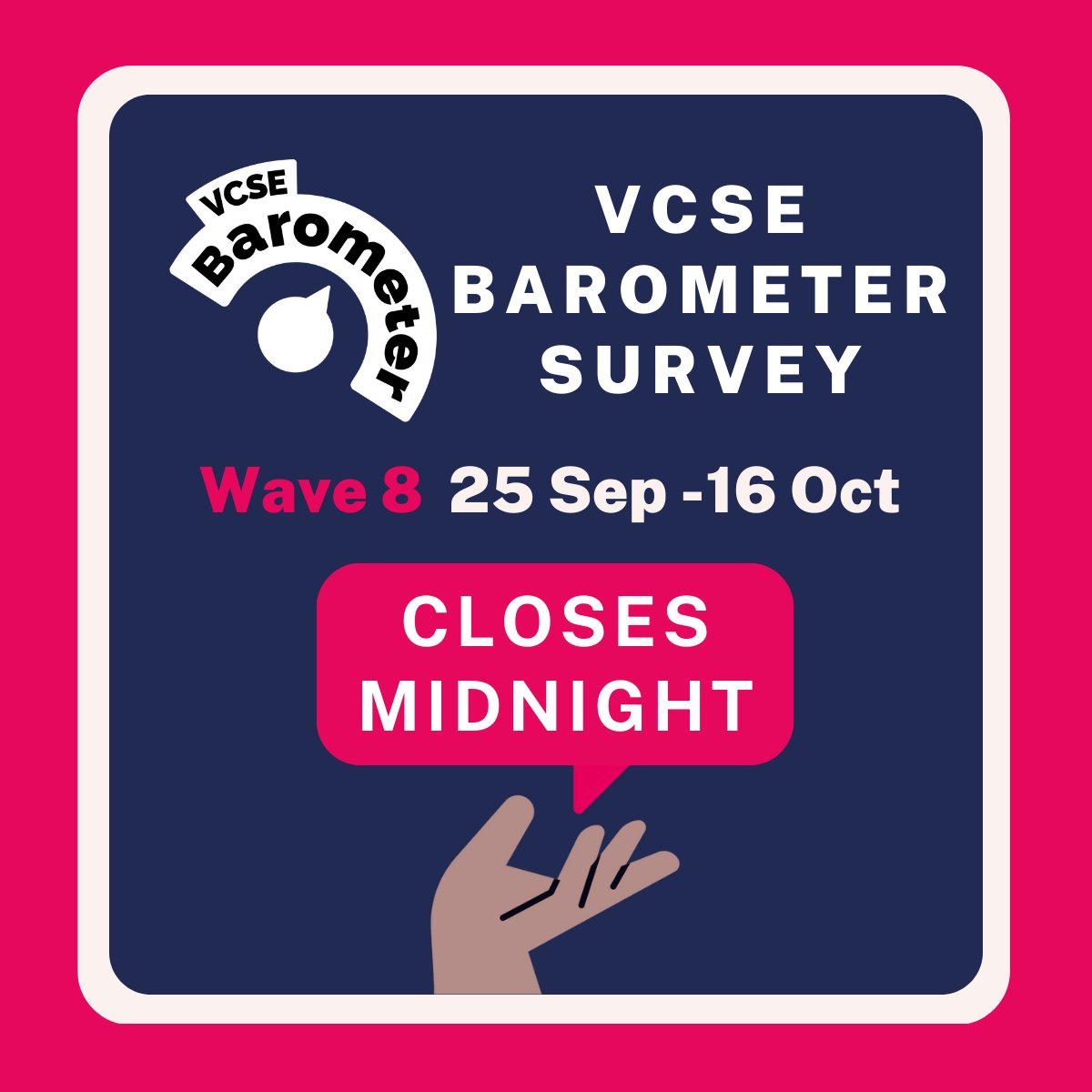 VCSE National Data and Insights Observatory (@vcseobservatory) on Twitter photo VCSE Barometer Survey Wave 8 closes at midnight! Your voice is important and we really want to hear it!
Take part to help us paint the very latest picture of the UK #VCSE sector👉bit.ly/3TBadVt
<a href="/NBS_NTU/">Nottingham Business School</a> <a href="/ProBonoEcon/">PBE</a> <a href="/LBFEW/">Lloyds Bank Foundation</a> VCSE Barometer Survey Wave 8 closes at midnight! Your voice is important and we really want to hear it!
Take part to help us paint the very latest picture of the UK #VCSE sector👉bit.ly/3TBadVt
<a href="/NBS_NTU/">Nottingham Business School</a> <a href="/ProBonoEcon/">PBE</a> <a href="/LBFEW/">Lloyds Bank Foundation</a>