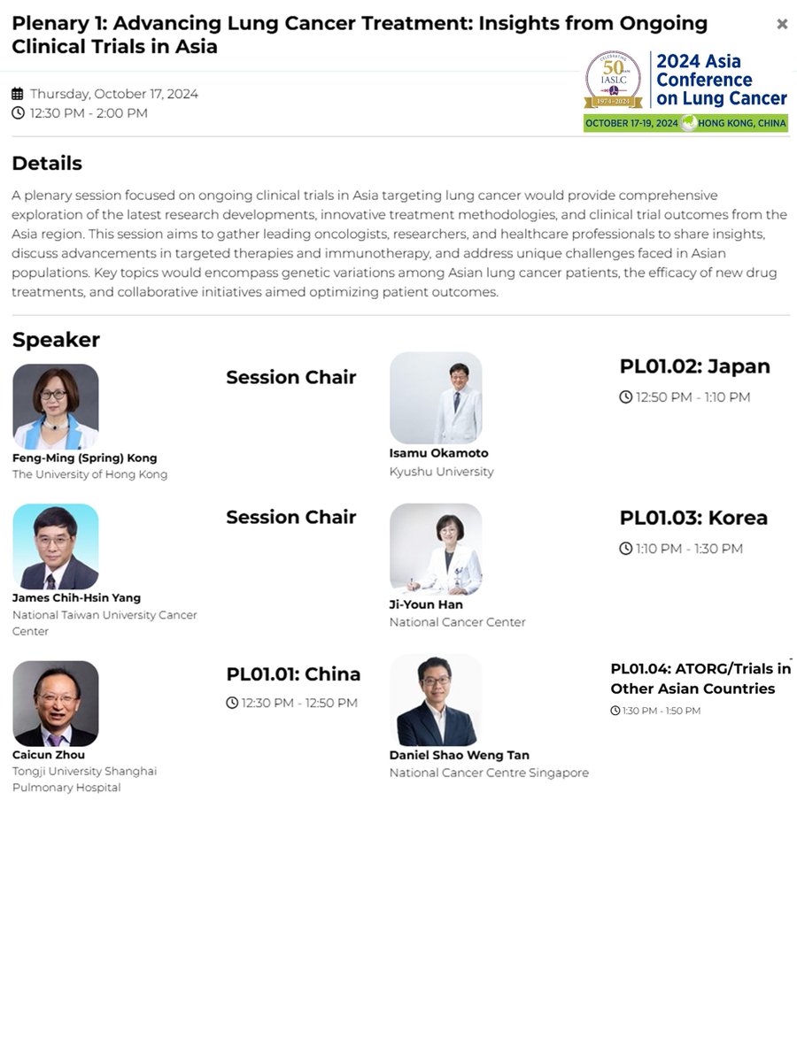 HHorinouchi's tweet photo. 🔜#ACLC24 @IASLC Asia🌏
🔥Plenary 1: Advancing Lung Cancer Treatment: Insights from Ongoing Clinical Trials in Asia
✅Chairs: Drs. Feng-Ming Kong, James Yang
🎙️Drs. Caicun Zhou, Isamu Okamoto, Ji-Youn Han @danieltanmd
#LCSM @OncoAlert
https://t.co/rI5yFj2ATX https://t.co/q5XYlqCp1h