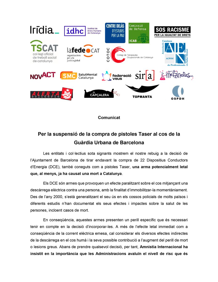 institut_IDHC's tweet photo. 📢18 organitzacions exigim la suspensió immediata de la compra de #Taser per part de @bcn_ajuntament.
⚠️Són armes potencialment letals. La seva regulació a Catalunya no compleix estàndards int'ls i es volen introduïr sense indicadors que n'avalin la necessitat d'ús.
#StopTaser https://t.co/lyeZoDM5oz