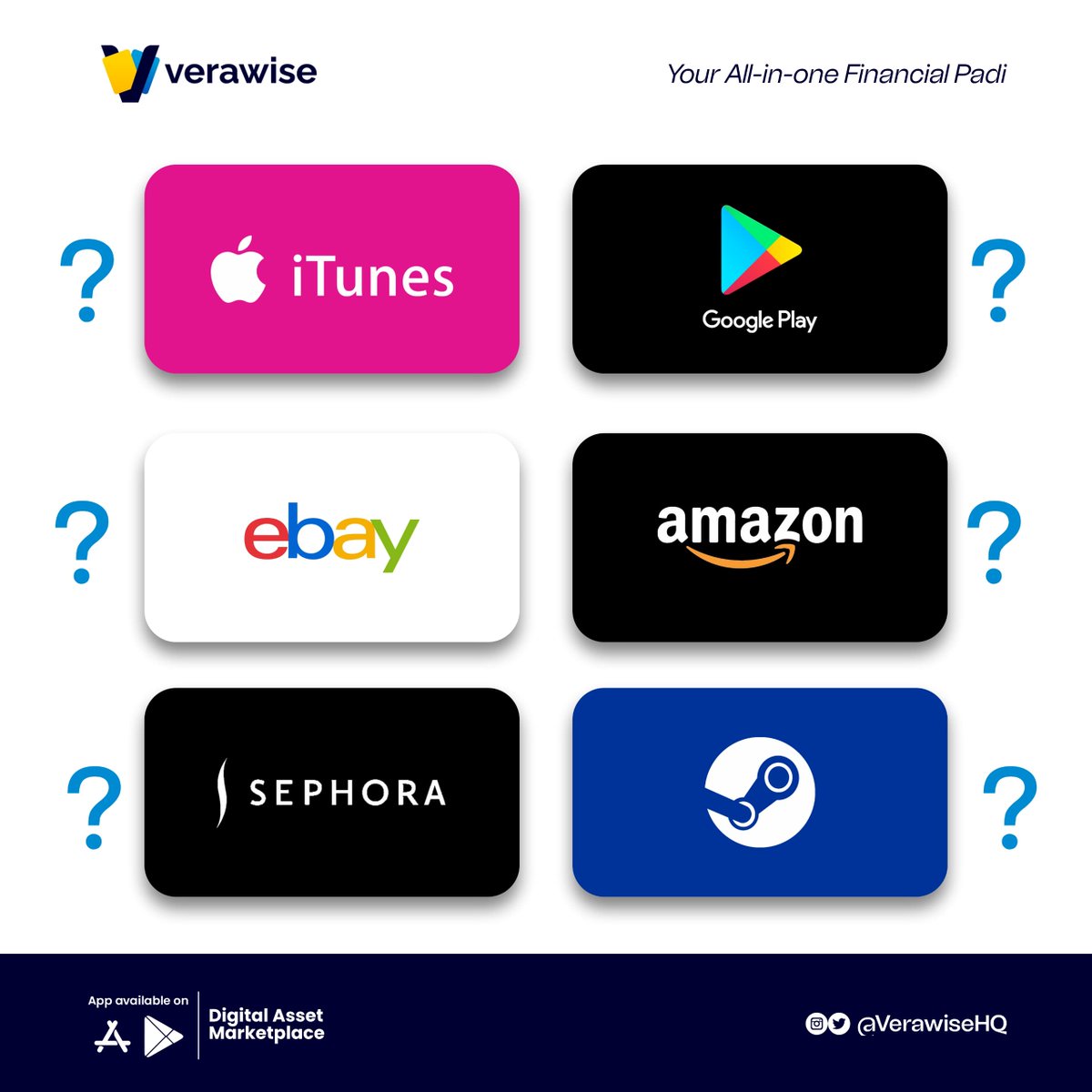 VerawiseHQ's tweet photo. 💳 What gift card are you holding onto?
1️⃣ Amazon
2️⃣ iTunes
3️⃣ Google Play
4️⃣ Other (Let us know in the comments)

Comment below with your pick and let’s see who’s holding the most valuable card.
#Polls  #GiftCardQuestion #VerawiseCommunity #giftcard #verawise https://t.co/JVrnCGd03G
