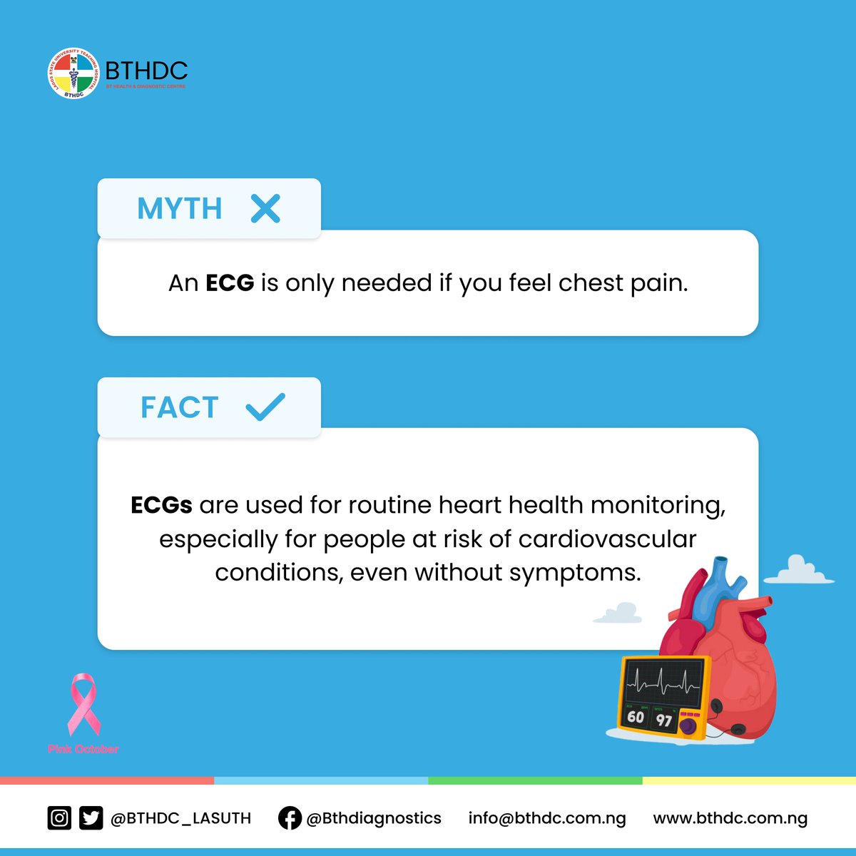 BTHDC_LASUTH's tweet photo. ๐ก Myth vs. Fact ๐ก
An ECG isnโt just for chest pain! It plays a vital role in monitoring heart health, even for those without symptomsโespecially if youโre at risk for cardiovascular conditions.
Stay proactive about your heart. ๐
#HeartHealth #ECG #PinkOctober #Bthdc https://t.co/1KtgSJ7OkU