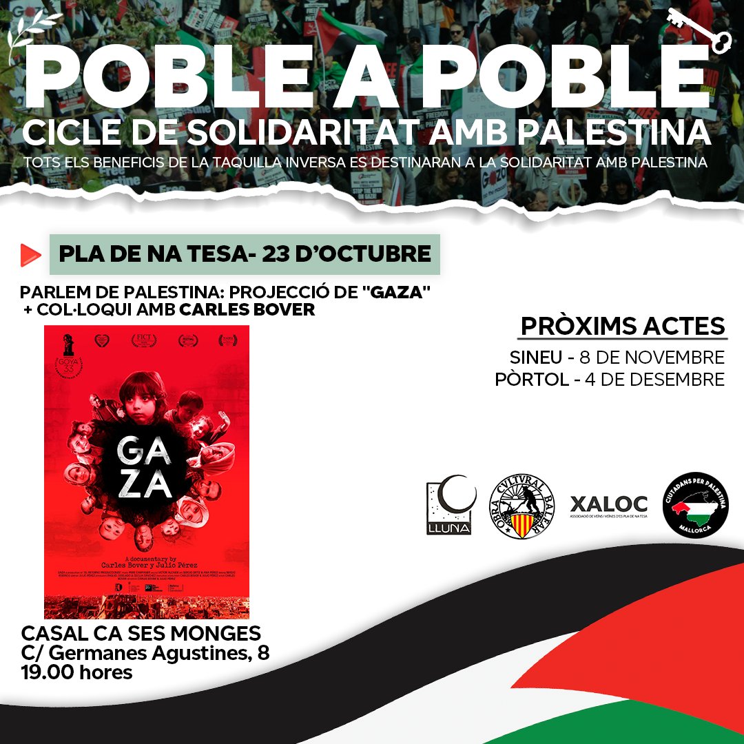 ➡️Nova aturada del POBLE A POBLE en suport a la lluita antiimperialista del poble palestí, amb l'AV Xaloc. 

Projectam <a href="/GAZAdocumentary/">GAZA</a> i parlam amb <a href="/CarlesBover/">Carles Bover</a>. Hi col·labora <a href="/LlibreriaLluna/">Llibreria Lluna</a> amb una paradeta dedicada a 🇵🇸 (el 15% de beneficis aniran a la taquilla del cicle).