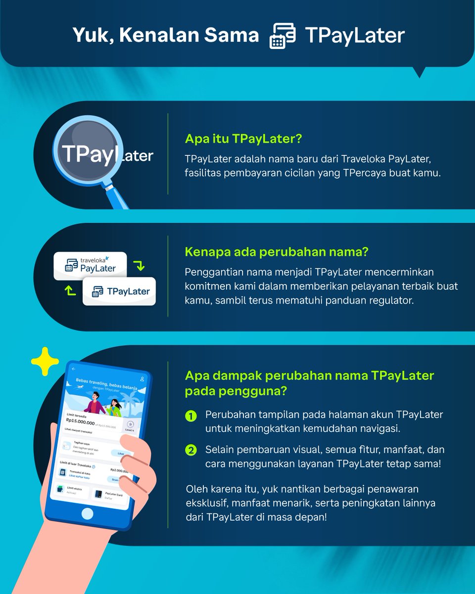 traveloka's tweet photo. Ada yang berubah.. tapi bukan sikapnya.

Yaitu Traveloka PayLater, berubah jadi TPayLater!✨
💰 Dapetin 50.000 Traveloka Points buat kamu yang baru daftar. Yuk tunggu apalagi~🔗 https://t.co/fMnMVLcvPq

Cari tahu lebih lanjut di foto ya👇🏻 https://t.co/EU7BD7fARh