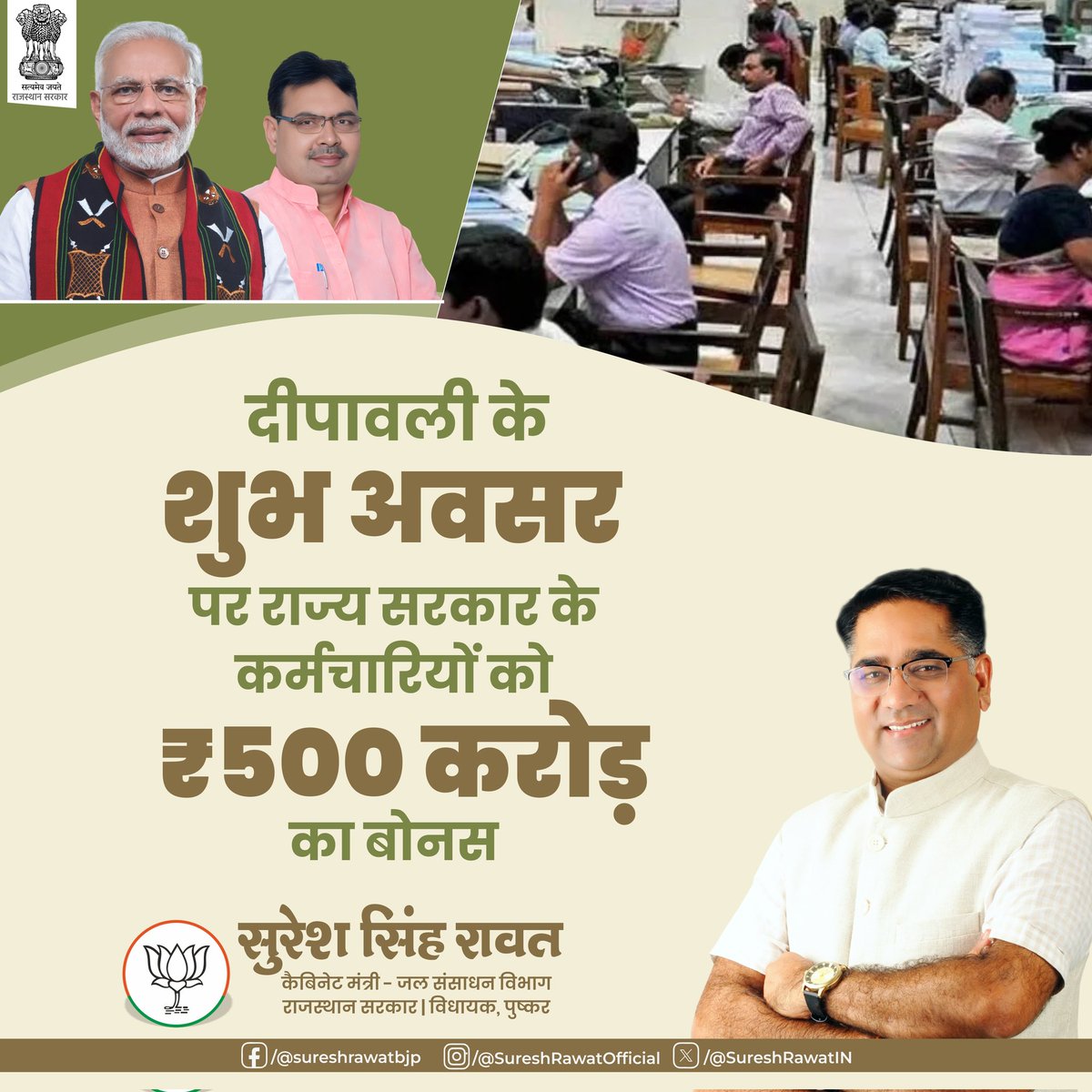 SureshRawatIN's tweet photo. दीपावली के अवसर पर राज्य सरकार ने कर्मचारियों को तदर्थ बोनस देने का निर्णय लिया है। 

माननीय मुख्यमंत्री श्री @BhajanlalBjp जी के नेतृत्व में लिए गए इस निर्णय से छह लाख कर्मचारियों को लाभ मिलेगा, जिसमें पंचायत समिति और जिला परिषद में कार्यरत कर्मचारी भी शामिल है। 

अधिकतम 6774 रुपए के इस दिवाली बोनस का 75 प्रतिशत हिस्सा नक़द दिया जायेगा औऱ 25 प्रतिशत हिस्से को जीपीएफ़ खाते में जमा करवाया जायेगा। इस कदम से राज्य सरकार पर 500 करोड़ का अतिरिक्त राजस्व भार आयेगा। सभी राज्य कर्मचारियों को शुभकामनाएं।

@RajCMO #आपणो_अग्रणी_राजस्थान #SSR