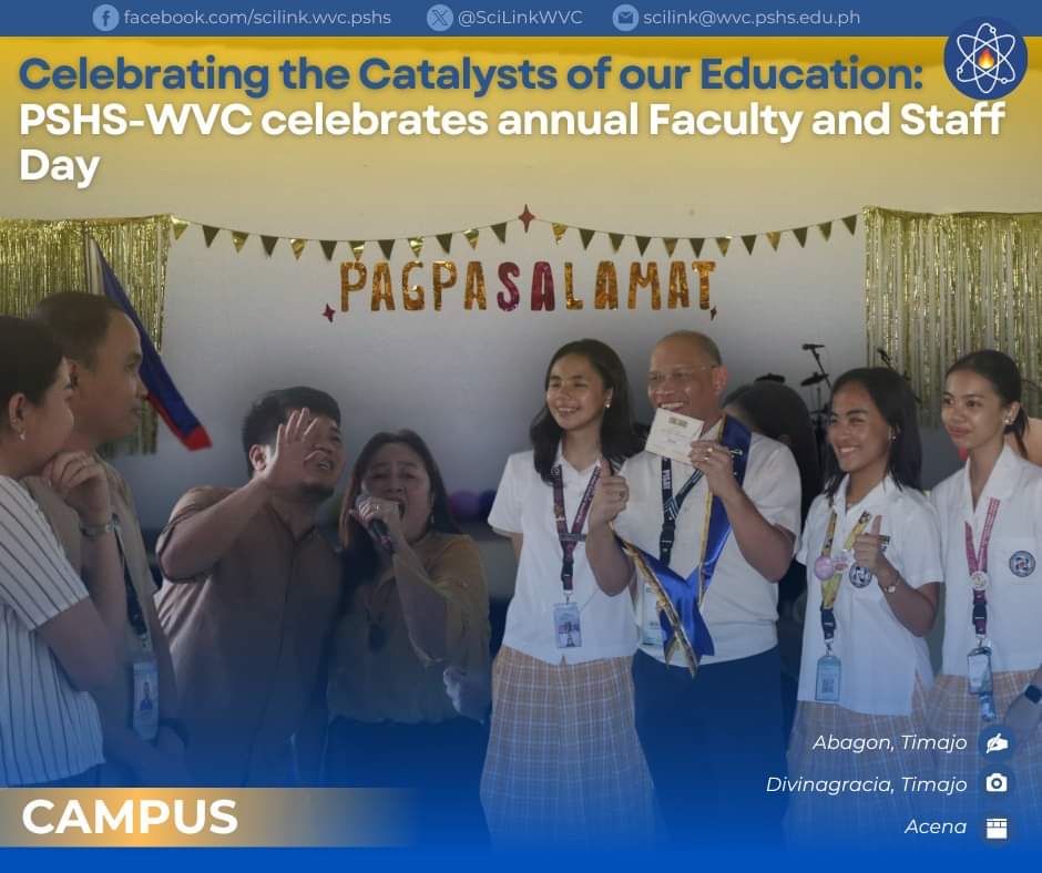 SciLinkWVC's tweet image. Celebrating the Catalysts of our Education: PSHS-WVC celebrates Faculty and Staff Day

To express gratitude to the individuals who shape the scholars of PSHS-WVC,  the school held its annual ‘Pagpasalamat,’ a faculty and staff day celebration.

Read more: tinyurl.com/FacAndStaffDay…
