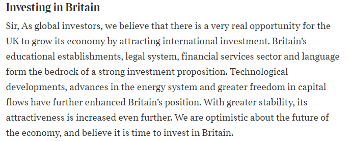 "We are optimistic about the future of the economy, and believe it is time to invest in Britain" - below is the letter in @TheTimes today, signed by Filippo Gori, @JPMorgan's Co-Head of Global Banking &amp; EMEA CEO, and other finance leaders. Agree with every single word.