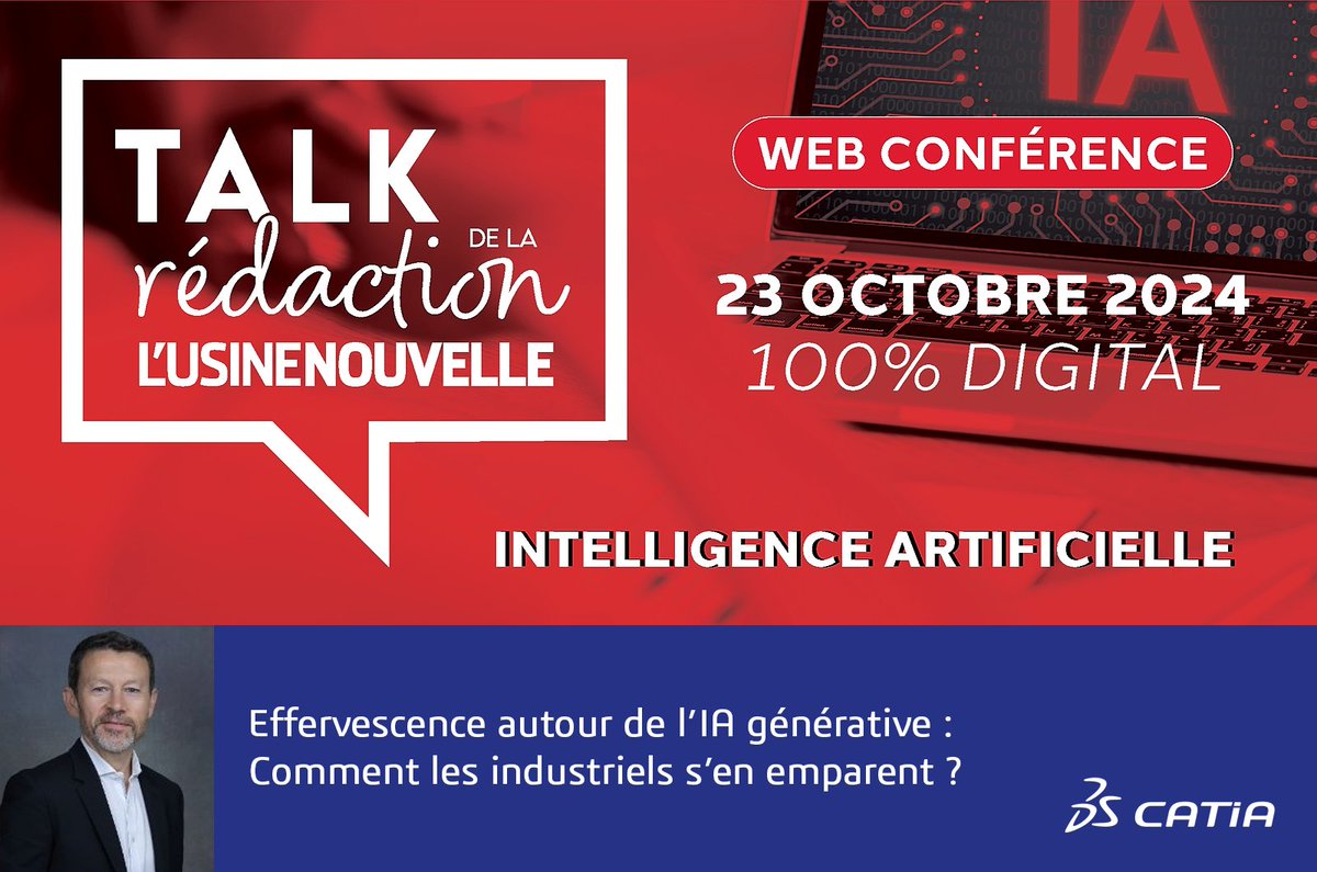 Vous voulez comprendre pourquoi cette Effervescence autour de l’IA générative et Comment les industriels s’en emparent ?
Notre CEO CATIA Olivier Sappin vous invite à rejoindre le 23 octobre de 9h à 11h, le TALK IA de la rédaction de L'Usine Nouvelle
Ici : go.3ds.com/f1R