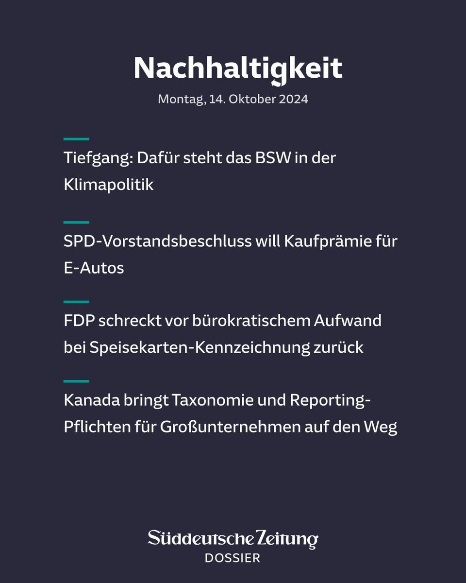 📫 Heute bei <a href="/SZDossier/">Süddeutsche Zeitung Dossier</a> Nachhaltigkeit, von und mit Carolyn Braun, Elena Müller und Bastian Mühling: 
 
📢 Tiefgang: Dafür steht das BSW in der Klimapolitik, mit <a href="/SarahWagnerPhD/">Sarah Wagner</a> 
📢 SPD-Vorstandsbeschluss will Kaufprämie für E-Autos

[1/3]
