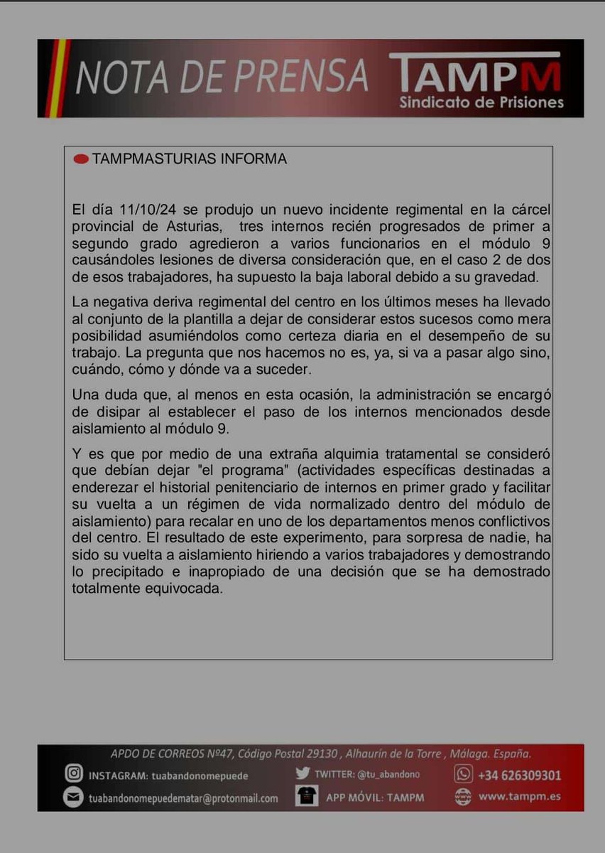 ⬛🟥 TAMPM ASTURIAS INFORMA:
Gravísimo incidente regimental en el módulo 9 de #sosprisiones #Asturias <a href="/RTPAOficial/">RTPA</a> <a href="/ondacerogijon/">Onda Cero Gijón</a> <a href="/lanuevaespana/">La Nueva España</a> <a href="/elcomerciodigit/">EL COMERCIO</a> <a href="/lavozdeasturias/">La Voz de Asturias</a> <a href="/COPEAsturias/">COPE Asturias</a> <a href="/europapress/">Europa Press</a> <a href="/HoyPorHoy/">Hoy por Hoy</a> <a href="/TPAnoticias/">TPA Noticias</a>