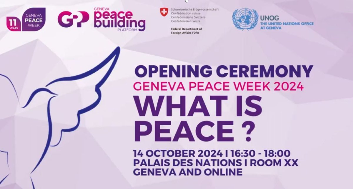 UNGeneva's tweet photo. TODAY: don’t miss the 2024 #GenevaPeaceWeek opening ceremony : What is Peace? 

Featuring a discussion, special messages, a fado performance, and more.

📍 @UNGeneva &amp; online, 14 October, 4:30 pm CET

Register to be part of the @GenevaPeaceWeek journey: https://t.co/kPOvTkZe0W https://t.co/AtAWuGe6CR