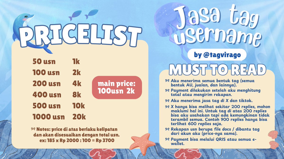 𓈒ㅤׂㅤ𓇼 ࣪ 𓈒ㅤׂㅤ⭒ Open Jasa Tag 
𓆡 ⭒ㅤ𓈒ㅤׂ 🫧    Username atau AU!

Menerima tag untuk AU, prompt, open PO, interest check, atau lainnya (tag banyak username)  °•🪸🪼⁠〰°•  

Order by dm. Please @ after dm ˖°🌊🎐𓇼⋆🦪₊ Boleh diskusi sebelum order ya! 𓂃 𓈒𓏸𓇼 ₊˚𓆝