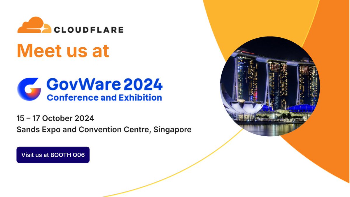 Cloudflare's tweet photo. Exciting News! Cloudflare is a proud sponsor at GovWare 2024. Discover how we’re building a resilient, secure digital future for ASEAN and beyond!
Book your meeting & catch our expert-led #EverywhereSecurity tech talk series here: https://t.co/VE9Z9guFxz https://t.co/TeElaWnNUa