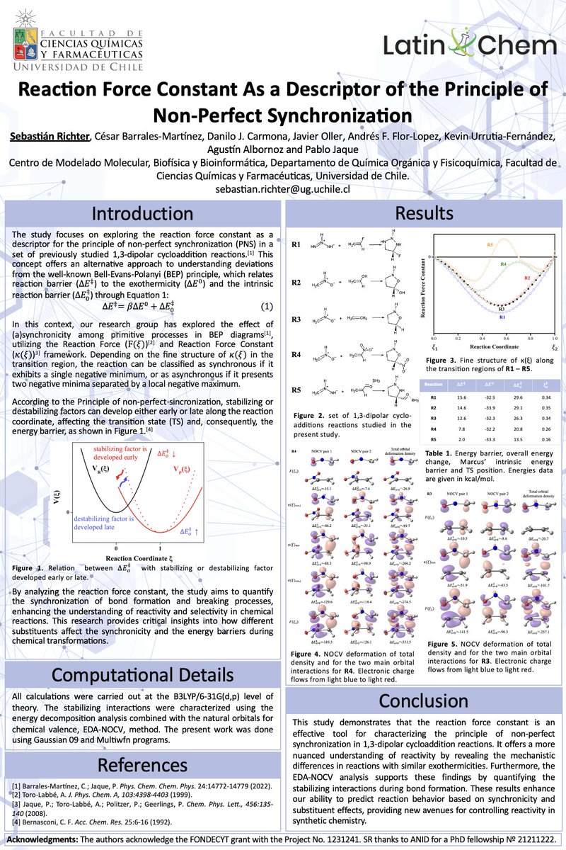 Seba_Richter's tweet photo. Hi @LatinXChem, presenting my work "Reaction Force Constant As a Descriptor of the Principle of Non-Perfect Synchronization" at #LatinXChem24 #LatinXChemComp #Comp183. Excited to discuss how this concept enhances our understanding of chemical reactivity! #DFT #Chemistry https://t.co/ZhHQpQWj1B