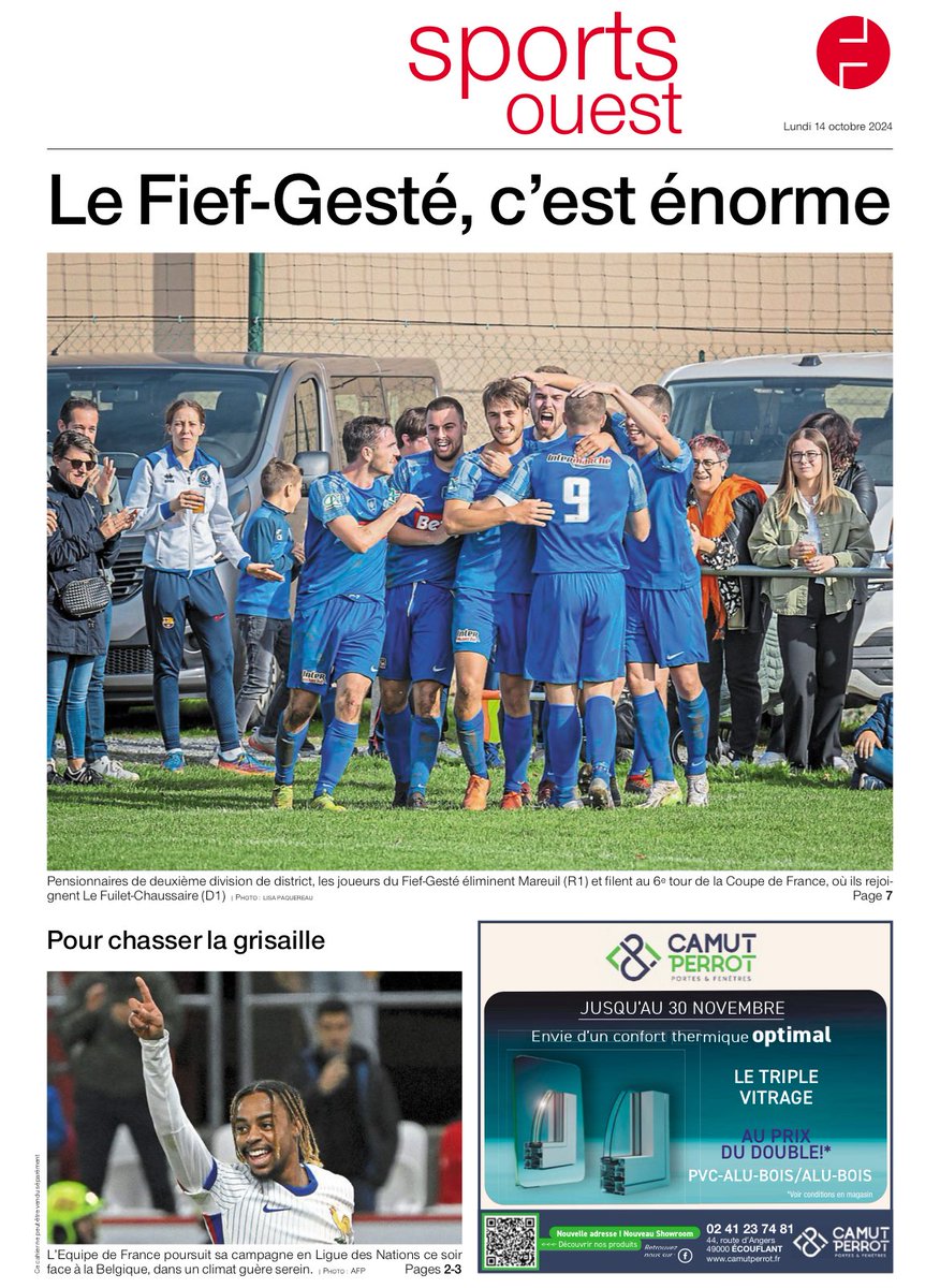 Celle-là, les joueurs du Fief-Gesté vont sûrement l’encadrer : ils sont en D2 et qualifiés pour le 6e tour de Coupe de France ! C’est à lire dans ⁦<a href="/sports_ouest/">Ouest-France Sports</a>⁩ 
⁦<a href="/LigueFootLFPL/">Ligue de F⭐ ⭐tball des Pays de la Loire</a>⁩
