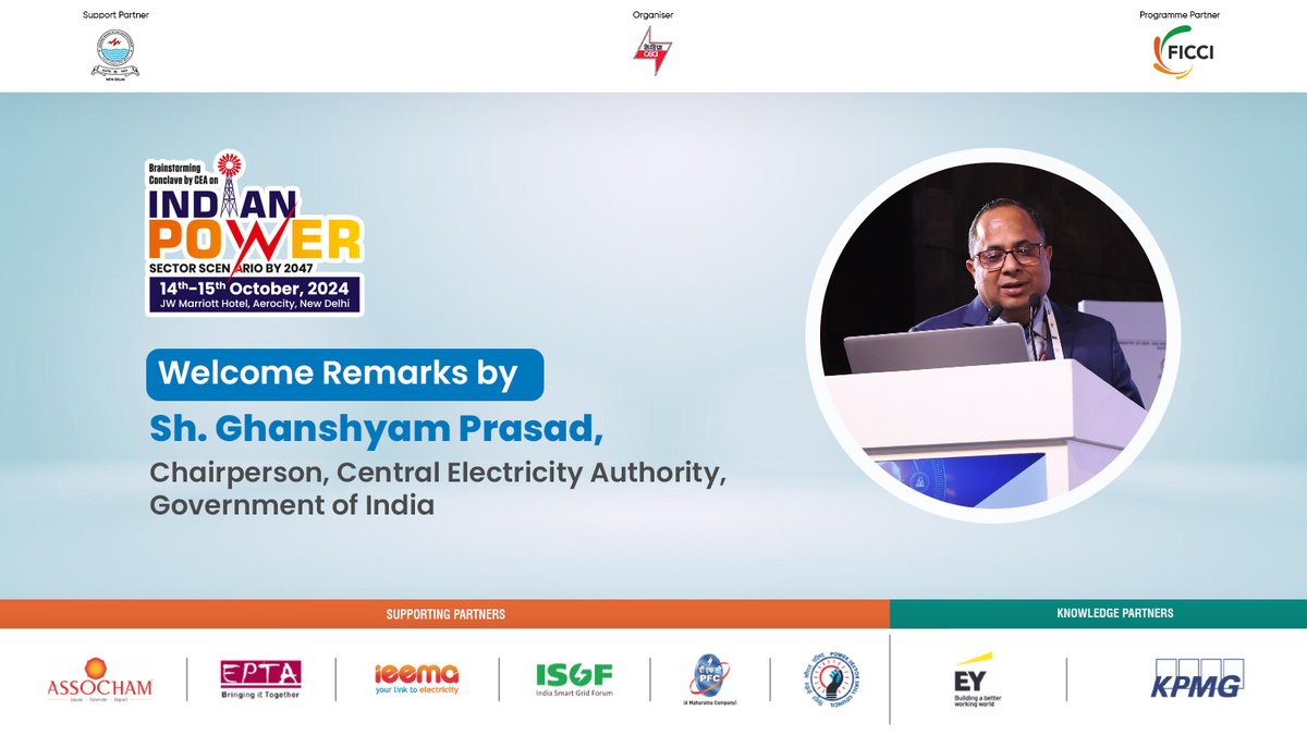 CEA_India's tweet photo. Shri Ghanshyam Prasad, Chairman of @CEA_India, delivers the welcome remarks at the Brainstorming Conclave on "Indian Power Sector Scenario by 2047", celebrating 50 years CEA and steering the power sector to new heights. The 2-day conclave sets the agenda for shaping the future of the Indian power sector by 2047, contributing to the dream of Atma Nirbhar Bharat.
#IndiaPowers2047 #PoweringIndia
