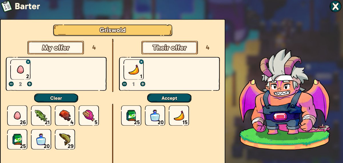 Trying to crack the trade code in <a href="/smolbound/">Smolbound</a> 2 eggs = 1 banana. Griswold is a hard one to trade, when it comes to bananas. #smolbound