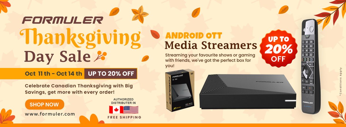 Formulerdotcom's tweet image. Thanksgiving Day Sale
Celebrate Canadian Thanksgiving with Big Savings!
Shop Now: formuler.com

#canada #ontario #scarborough #electronics #iptvbox #androidott #formuler #settopboxtvdigital