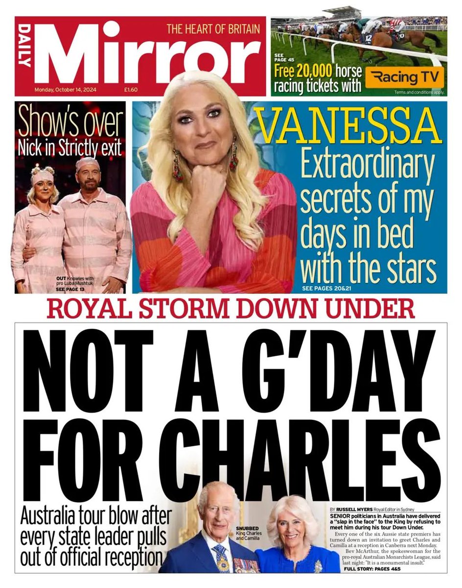 Kevin_Maguire's tweet image. Not A G’Day For Charles.

Australia’s six state Premiers all snubbing Chas &amp;amp; Cam by declining invitations to a bash is today’s @DailyMirror splash.

Daft a former colony the other side of the world still has a British monarch as unelected head of state. Ludicrous in Britain too