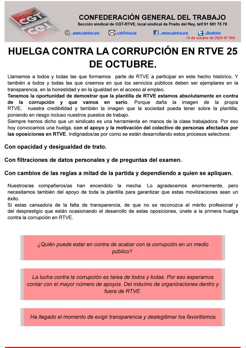 cgtrtve's tweet photo. HUELGA CONTRA LA CORRUPCIÓN EN RTVE 
Si estas cansado/a de la falta de transparencia, de que no se reconozca el mérito profesional y del desprestigio que están ocasionando el desarrollo de estas oposiciones, únete a la huelga el 25 de octubre
https://t.co/Zvm3K8e7pr https://t.co/CVaulhWJi6