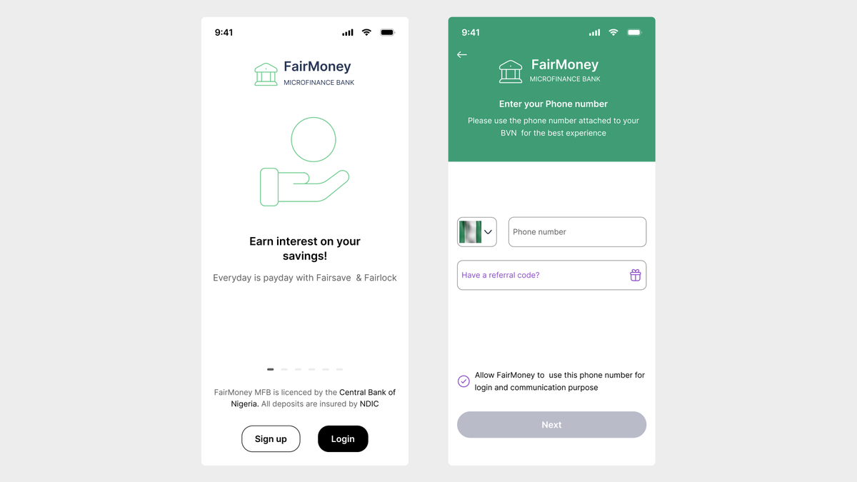 Farmer_vybez's tweet photo. I recreated FAIRMONEY sign up screen #fairmoney #30daysmobbindesignchalllenge #figma #signupscreen #uiux #uiuxdesign  @fairmoney_ng https://t.co/zn2CyiwtWV