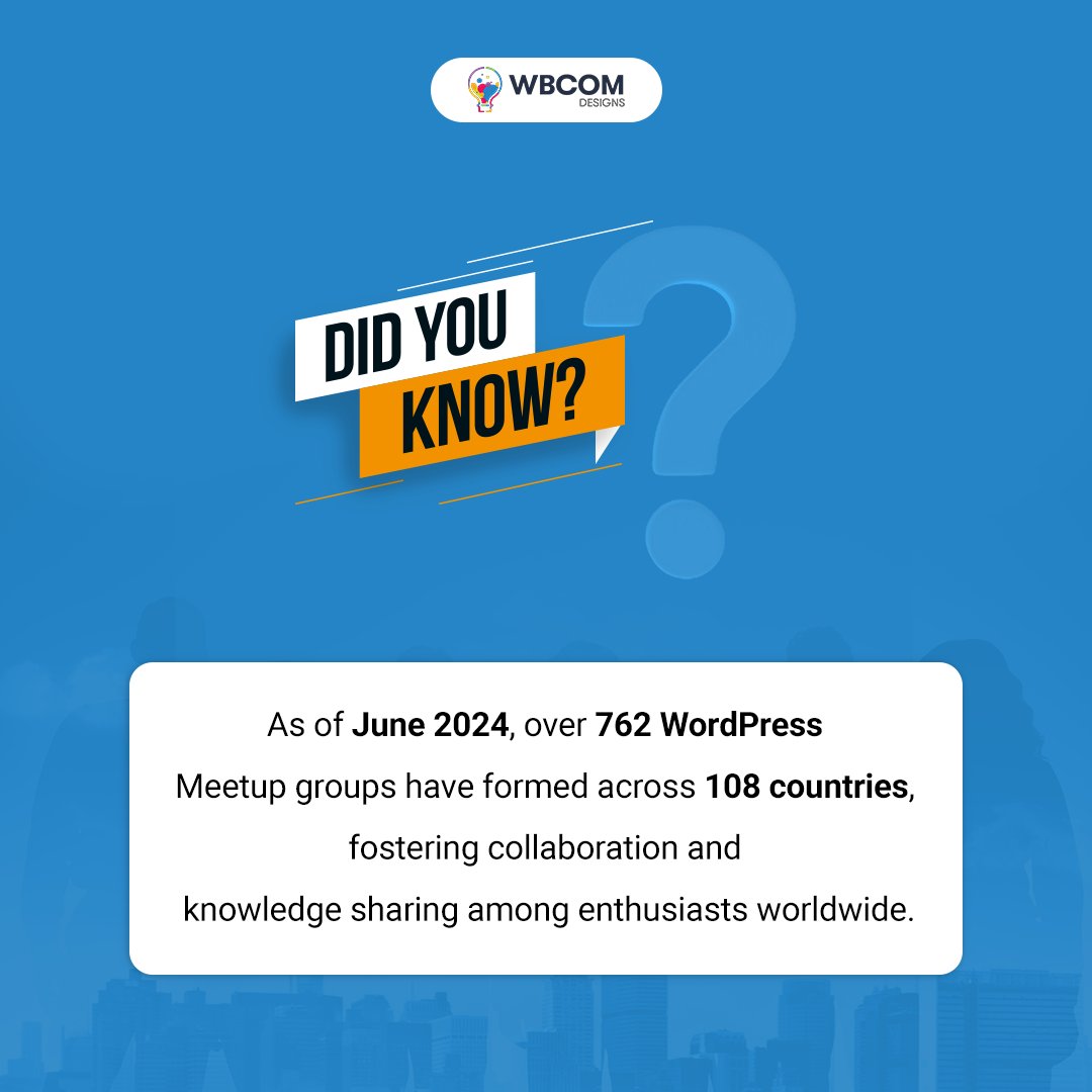🌍 Did you know? As of June 2024, there are over 762 WordPress Meetup groups in 108 countries! Join the movement and connect with fellow enthusiasts!
👉wbcomdesigns.com
#WordPress #Meetup #WordPressCommunity #Collaboration #WebDevelopment