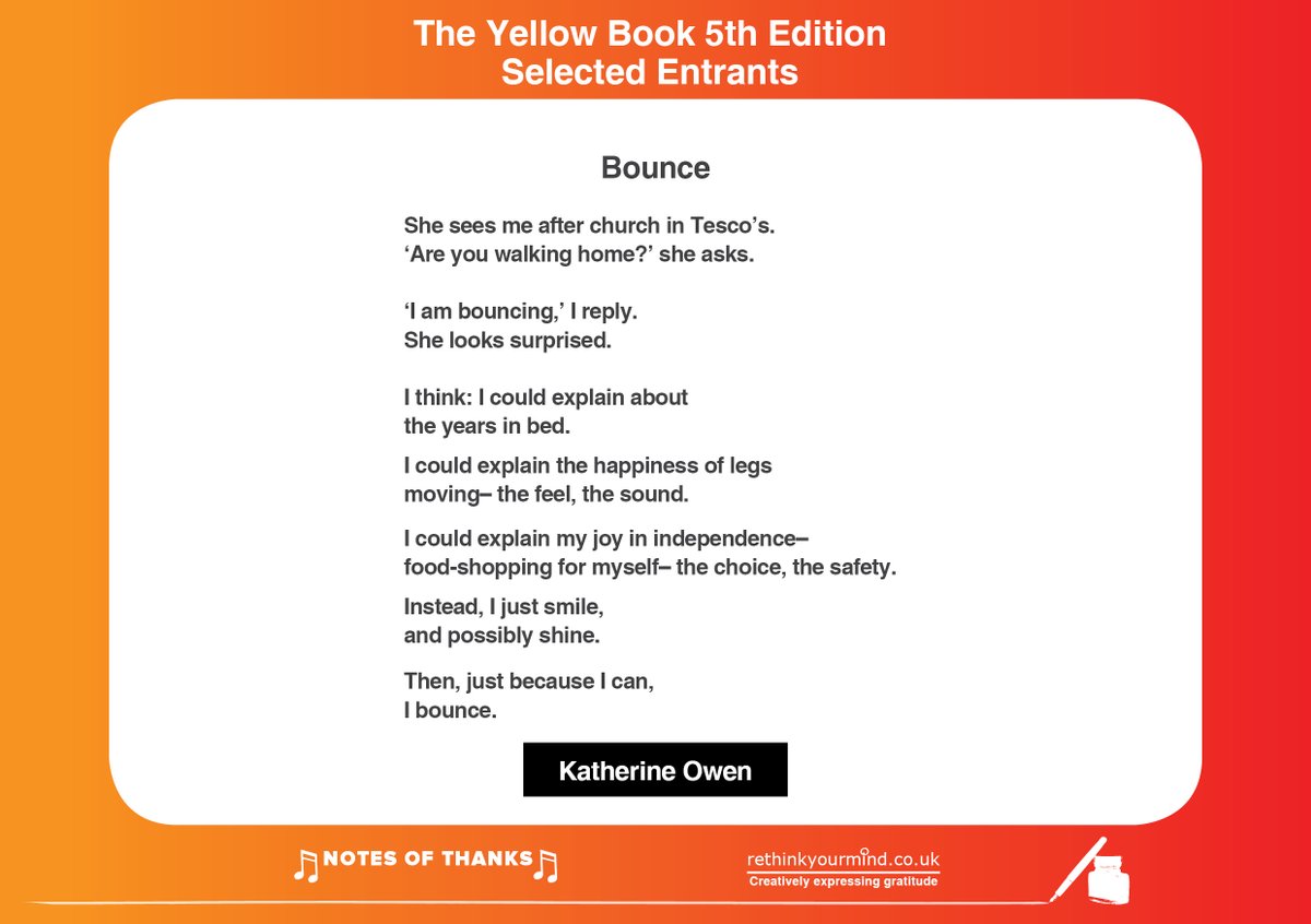 rethinkyourmind (@rethinkyourmind) on Twitter photo Congrats Katherine T Owen!
#Poem 'Bounce' Selected by <a href="/adamhorovitz/">Adam Horovitz</a> @JosieDom Joy T Chance to be published in 5th edition of the creative wellbeing resource #TheYellowBook!
Enjoy👉rethinkyourmind.co.uk/the-yellow-boo…
#NotesOfThanks all for Creatively Expressing Gratitude to uplift & inspire Congrats Katherine T Owen!
#Poem 'Bounce' Selected by <a href="/adamhorovitz/">Adam Horovitz</a> @JosieDom Joy T Chance to be published in 5th edition of the creative wellbeing resource #TheYellowBook!
Enjoy👉rethinkyourmind.co.uk/the-yellow-boo…
#NotesOfThanks all for Creatively Expressing Gratitude to uplift & inspire