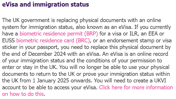 A few updates for <a href="/ucu/">UCU</a> migrant members⤵️ 

1. If you have ILR, any type of visa, EU settlement scheme where you currently have a biometric residence permit &amp;/or card you need to replace the physical document by end Dec 2024 with an eVisa 
more info below
gov.uk/guidance/onlin…