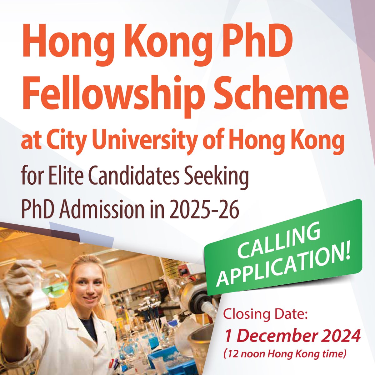 📷Hong Kong PhD Fellowship Scheme - Calling for application📷

📷 Application deadline: 1 December 2024 (HKT 12 noon)

For more details: cityu.edu.hk/pg/hong-kong-p…

#cityuniversityofhongkong #cityu #cityuchem #departmentofchemistry #phd #hkpfs #fellowship #phdadmissions #admission