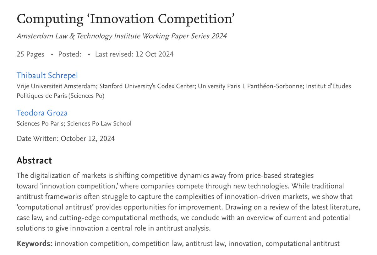 Amsterdam Law & Technology Institute | ALTI (@alti_vu) on Twitter photo New ALTI working paper: <a href="/ProfSchrepel/">Thibault Schrepel</a> and <a href="/groza_teodora/">Teodora Groza</a> explore how #computationalantitrust can give innovation a more central role in antitrust law: papers.ssrn.com/sol3/papers.cf… New ALTI working paper: <a href="/ProfSchrepel/">Thibault Schrepel</a> and <a href="/groza_teodora/">Teodora Groza</a> explore how #computationalantitrust can give innovation a more central role in antitrust law: papers.ssrn.com/sol3/papers.cf…