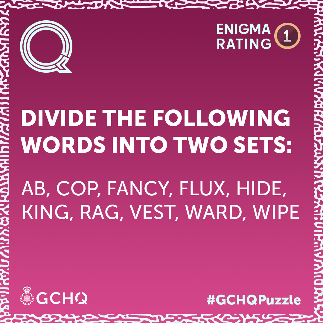 GCHQ's tweet photo. Can you split these words into two groups in today's #GCHQPuzzle? 🤔 https://t.co/BzuY8qCstV