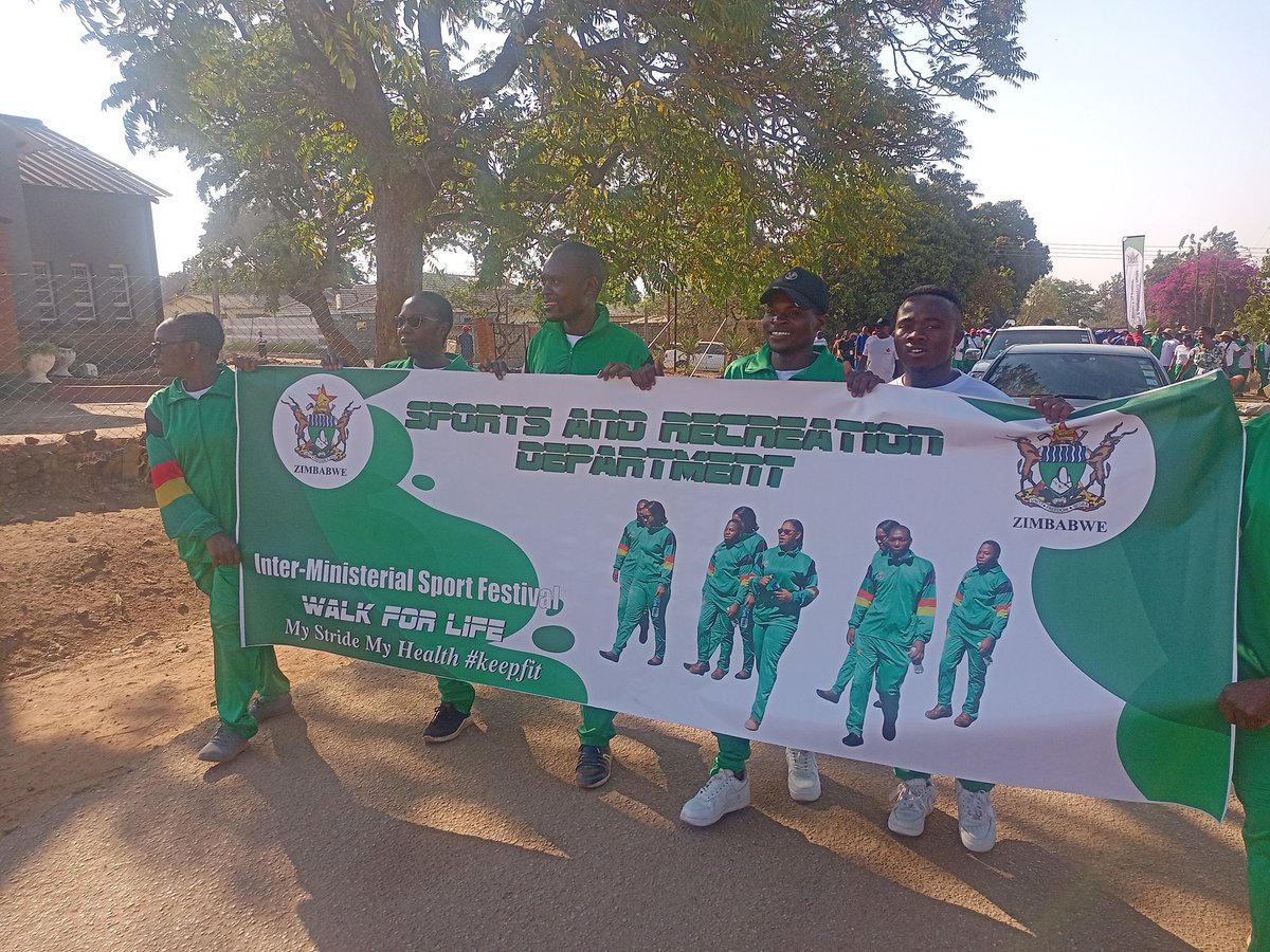 MoPSEZim's tweet photo. The #InterMinisterialSportsFestival has kicked off today with a vibrant "Walk for Life" march from Mkoba Police to Mkoba Teachers College! This festival, themed *My Health, My Wealth #fit4all*, is part of the Govt's ongoing efforts to promote wellness among workers. @InfoMinZW https://t.co/do4BuPwodv