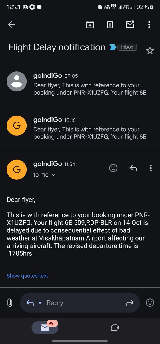 sarryhere's tweet photo. @IndiGo6E @Ministry_CA 
6e509 delayed by 4hrs+ 
What a sorry state of affairs.
Vizag (VTZ)6e218(incoming flight) shows normal weather thn why are u guys terming it as bad weather delay. PnR X1UZFGX https://t.co/XIKYyLt1Kk