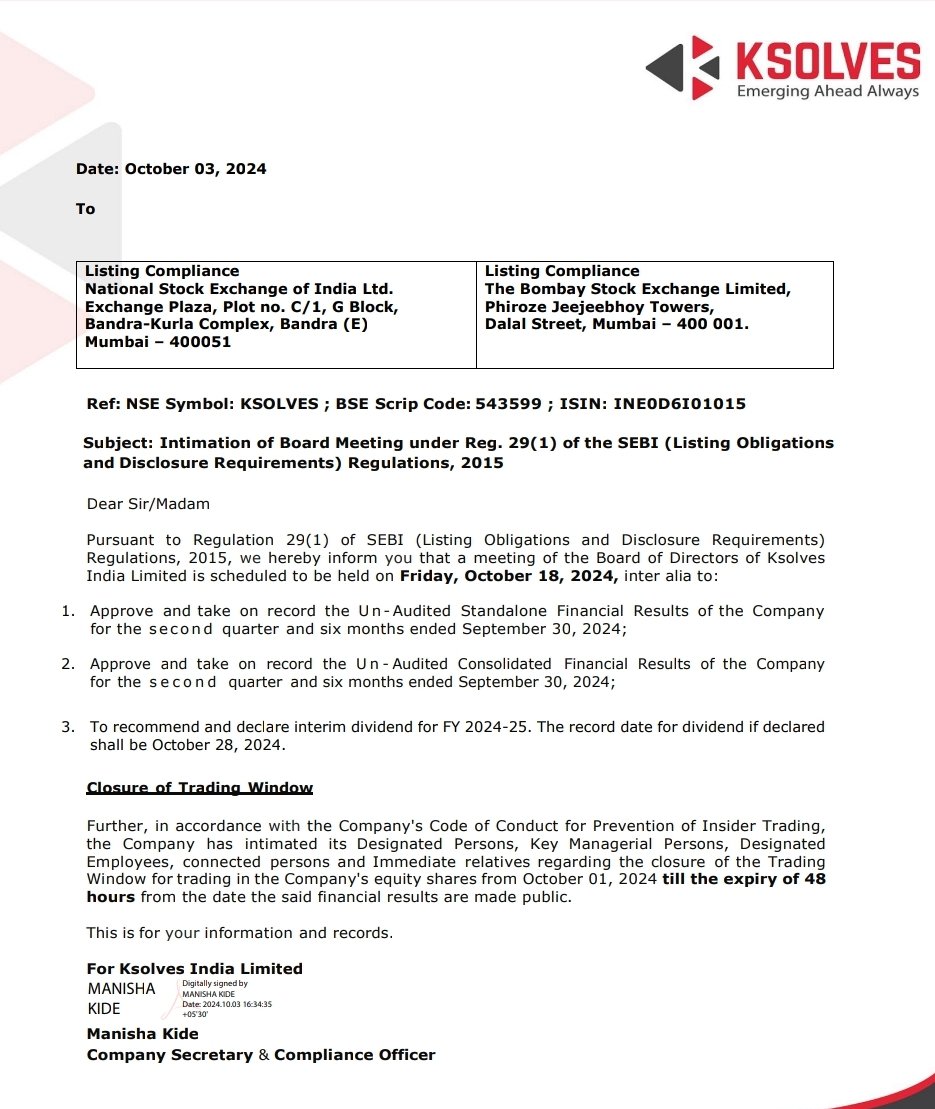 ravikchandran14's tweet photo. #ksolvesIndiaLtd #KSOLVES a funda good company. Result on 18.10.24. Interim diviend on 28.10.24 may be 7-10.🍉 Now in consolidation phase 🦆
#RedAlert #oviyaleaked #chennaiRain #HyundaiIPO
#stockmarket 🍑
#SwingTrading #StocksToBuy #StockMarket #SEBI #multibagger #sharemarket https://t.co/S1i0TEc7vp