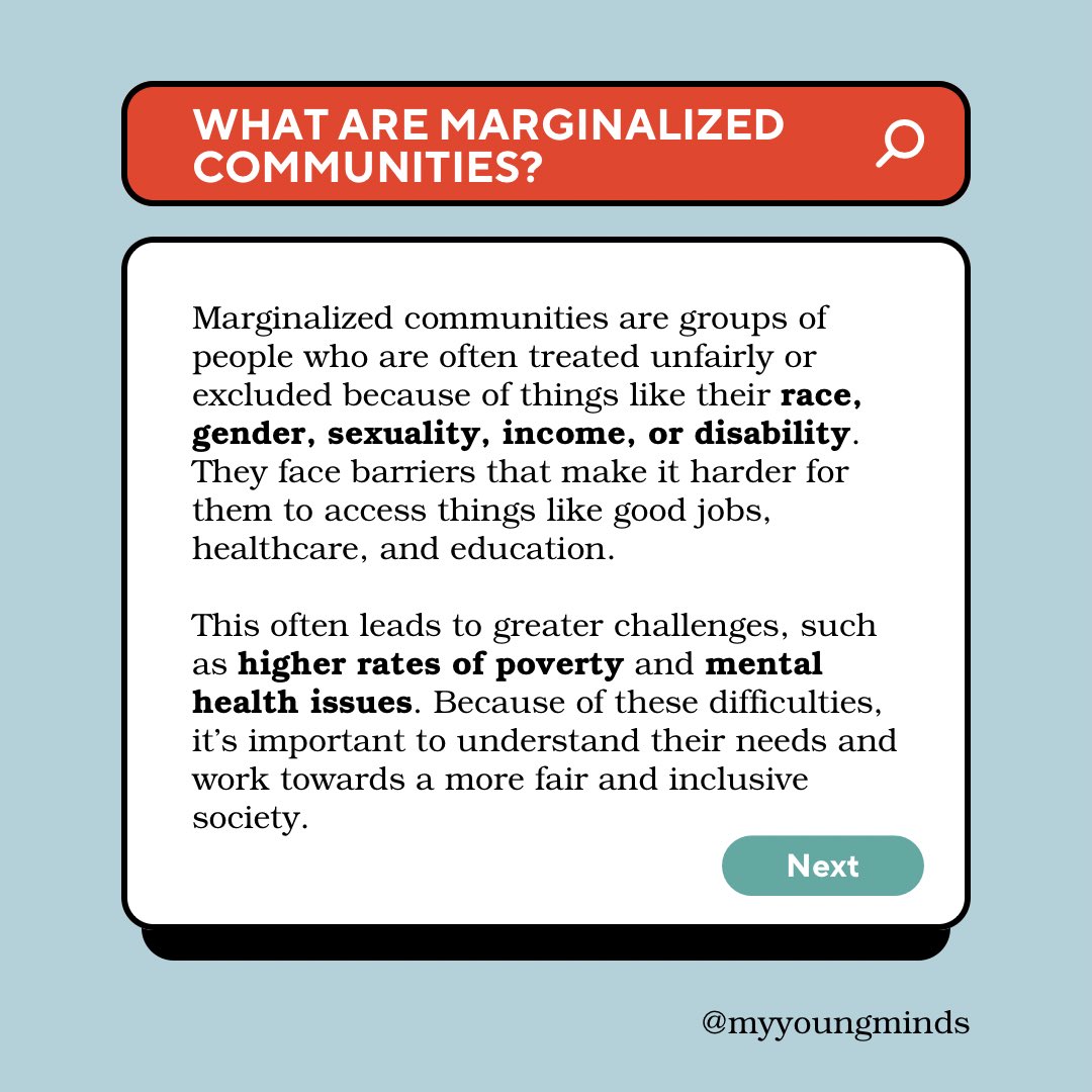 myyoungminds's tweet photo. Part 1:
Breaking down barriers in mental health: Marginalized communities often face unique struggles when it comes to mental health, from limited access to resources to cultural stigma. It’s time to ensure that everyone has the support they need to thrive. Together, let’s create a future where mental health care is accessible, inclusive, and compassionate for all. 💙🌍 #MentalHealthForAll #InclusionMatters