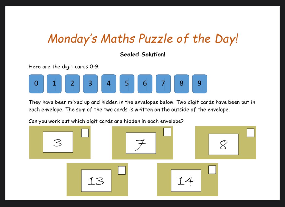 Paul Timmins (@paultimmins2) on Twitter photo 🌟Happy Maths Week 2024🌟
Like previous years, I’ll be sharing a maths/logic puzzle each day this week for you to try at home, work or school! Feel free to share far and wide!
The first puzzle of the week is called Sealed Solution and comes from <a href="/nrichmaths/">NRICH maths</a>! Enjoy ✉️✉️✉️✉️✉️ 🌟Happy Maths Week 2024🌟
Like previous years, I’ll be sharing a maths/logic puzzle each day this week for you to try at home, work or school! Feel free to share far and wide!
The first puzzle of the week is called Sealed Solution and comes from <a href="/nrichmaths/">NRICH maths</a>! Enjoy ✉️✉️✉️✉️✉️