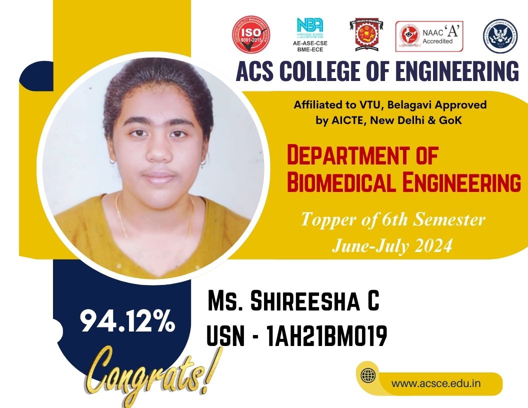 acscebangalore's tweet image. 🎉 #Congratulations to our Topper, Ms. Shireesha C! 🎉

From the Department of #Biomedical_Engineering, she achieved an outstanding 94.12% in the 6th Semester VTU Examinations (June-July 2024)! 🏅

Her dedication and excellence set a benchmark for all. Keep shining, Shireesha! 💫