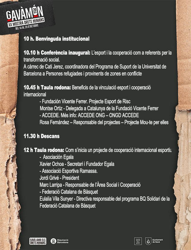 Dissabte dia 19 d'octubre, a les 10 h, a la @UnioCooperadors tindrem una Jornada per reflexionar sobre la Cooperació i Esport com una eina de transformació social.

A la jornada comptarem am <a href="/SolidaritatUB/">Solidaritat UB</a> <a href="/AccedeCoop/">Accede Cooperacion</a> <a href="/fvicenteferrer/">Fundación Vicente Ferrer</a> <a href="/aeramassa/">A.E. Ramassà</a> <a href="/asociacionegala/">egala</a> <a href="/basquetcatala/">Bàsquet Català</a>