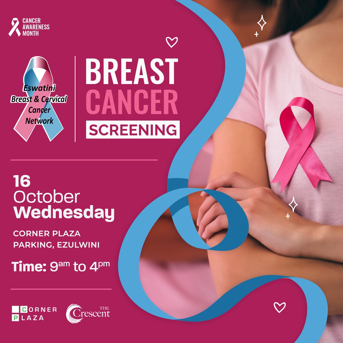 TheCrescentSZ's tweet photo. Join us on Wednesday 16 October 2024 at Corner Plaza Parking for Free Cancer Screenings by Eswatini Breast &amp; Cervical Cancer Network 🩷🩵 https://t.co/WOd6AhMmAN