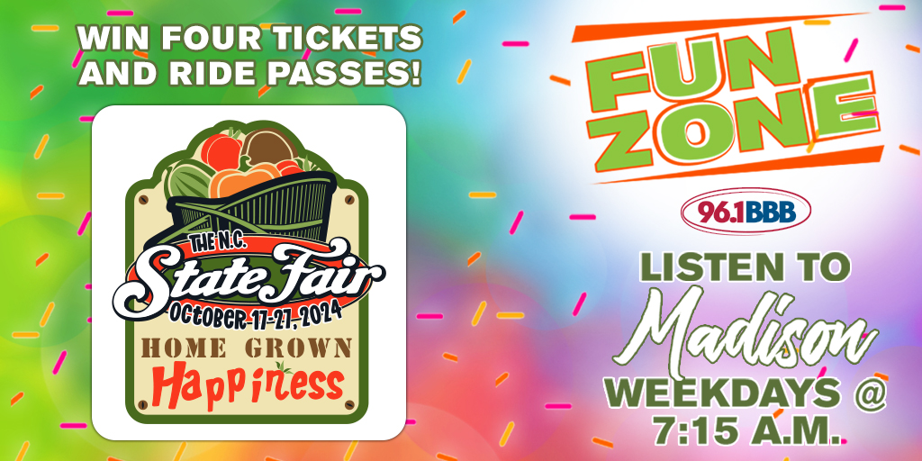 Listen every day this week during Fun Zone with Madison for your chance to win 4 tickets to the NC State Fair + 4 ride passes! Grab your friends and family, because fun takes center stage October 17th through the 27th!