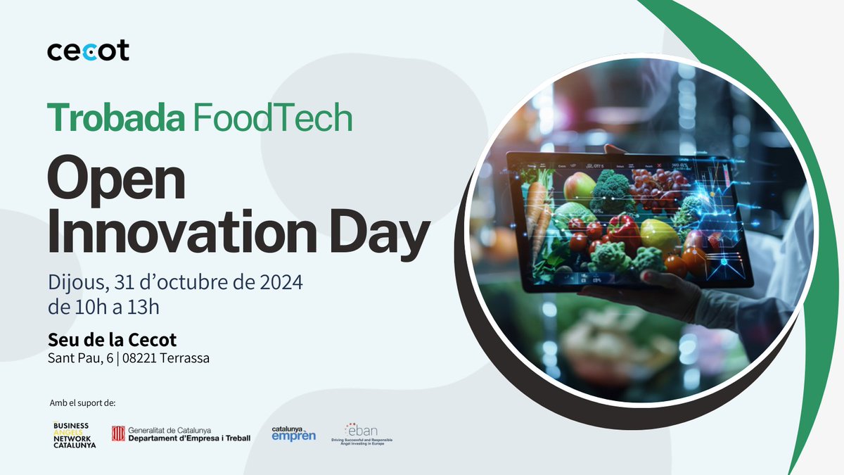 PatronalCecot's tweet image. Tens un projecte innovador que pot transformar el sector alimentari?
Vine a la trobada #FoodTech, coneix empreses consolidades del sector #agroalimentari en cerca continua de nous #projectes i solucions innovadores.

📅 31/10  
🕒10:00h  
▶️ bit.ly/3U5MaOr