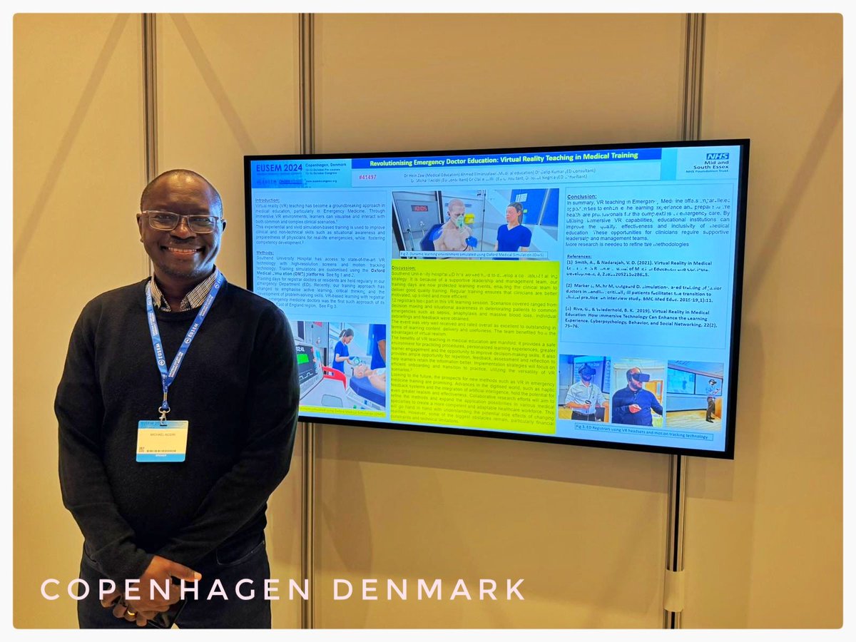 mikeacidri's tweet photo. Revolutionising emergency medical education with virtual reality and representing my team from Southend University Hospital Emergency Department (UK) at EUSEM conference in Copenhagen.  Our poster on VR in ED. Many thanks to my team mates especially  @dalipdr
#EUSEM2024 https://t.co/iB38Edk7mW