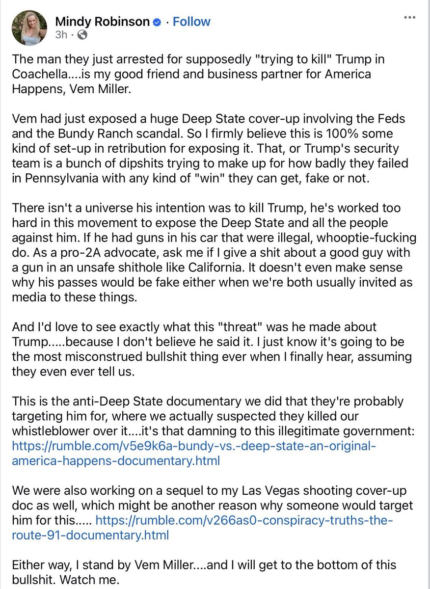 dburghart's tweet photo. Turns out that Vern Miller, the man arrested with guns at Trump’s Coachella rally, turns out to be a big fan of far-right paramilitary figures Cliven and Ammon Bundy. He even made a Bundy Ranch standoff documentary. https://t.co/qowhG16q0I