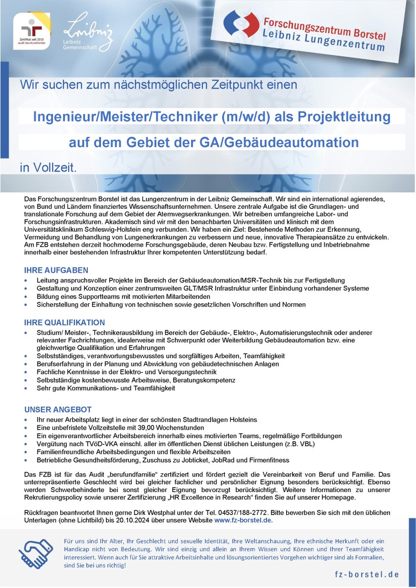 Wir suchen zum nächstmöglichen Zeitpunkt einen
Ingenieur/Meister/Techniker (m/w/d) als Projektleitung auf dem Gebiet der GA/#Gebäudeautomation
in Vollzeit! 
Interessiert? ▶️fz-borstel.de/de/arbeiten-am…
#ingenieur #techniker #stellenangebot