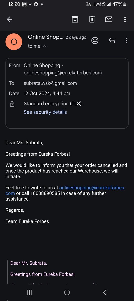 subrataroyit's tweet photo. @help_delhivery AWB no 21616510080695 kindly share the current status with me and return the product @EurekaForbes kolkata warehouse,  unless an until they @EurekaForbes don't process my refund money 5699 Rs.  here is the screenshot attachment https://t.co/nJjBhgod9F