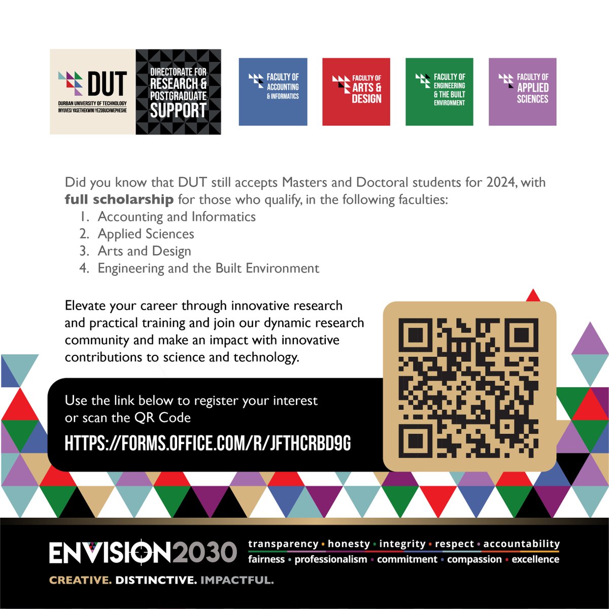 DUT_EBE's tweet photo. 🎓 DUT is Still accepting applications for 2024 Masters and Doctoral studies at DUT! Scholarships available for qualified candidates. Apply now to join our innovative research community. https://t.co/k12SeavnP5
#DUT #DUTFEBE #IAMDUT #DUTExcellence #ENVISION20230 https://t.co/lpc3Bk3K1L