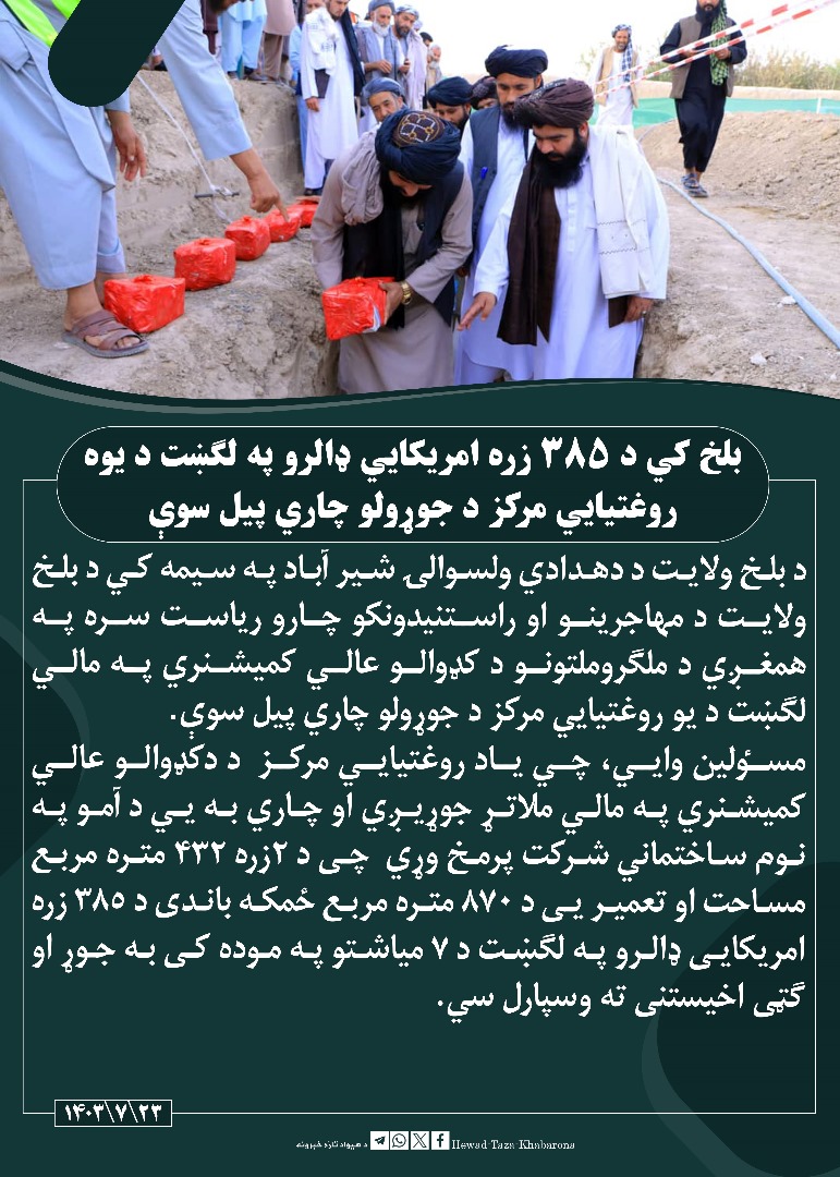 AbedBadri10405's tweet photo. بلخ کي د ٣٨٥ زره امريکایي ډالرو په لګښت د یوه روغتيايي مرکز د جوړولو چاري پیل سوې https://t.co/Ktc7rJ2fyl