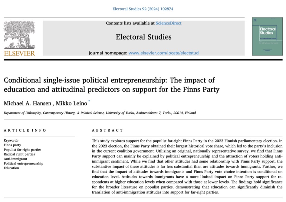 Study on the impact of education &amp; attitudinal predictors on Finns Party support (w/ Mikko Leino). doi.org/10.1016/j.elec…