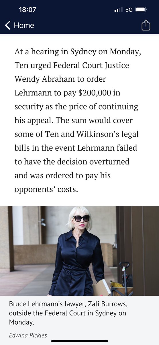 PatrickDeane11's tweet photo. That’s what Ten argued this week in the Federal Court - that BL should be ordered to pay into Court a sum of $200,000 to cover some of Ten’s & LW’s legal fees if the appeal is unsuccessful.

BL already has a costs order of $2 mio from the original hearing ordered by Justice Lee.  

Justice Abraham, who presided over the security for costs hearing this week will give her decision at a later date.

Here’s the link to the SMH piece: 

https://t.co/5Rxfc4ig17