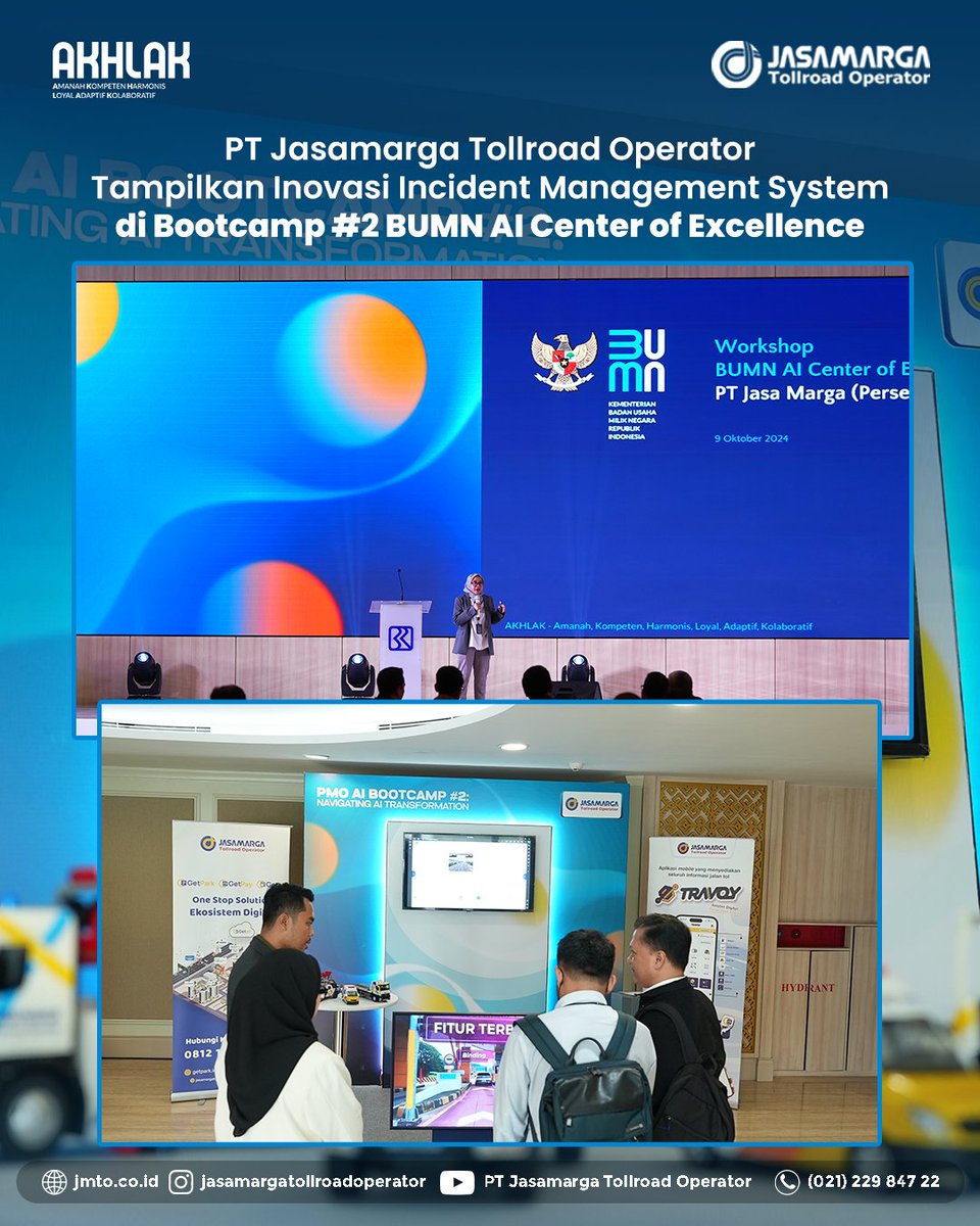 PT Jasamarga Tollroad Operator Tampilkan Inovasi Incident Management System di Bootcamp #2 BUMN AI Center of Excellence

#2BUMNAICenterofExcellence
#JMTOberAKHLAK
#drivingthefutureoftollroadoperations
#jasamargatollroadoperator