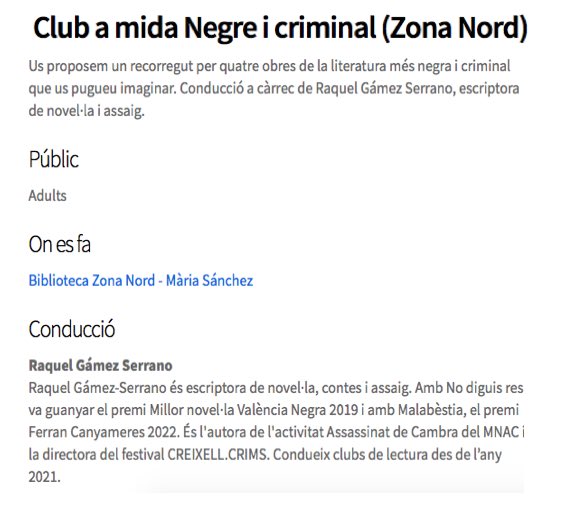 Raquel Gámez-Serrano (@raquel_gserrano) on Twitter photo Aquesta setmana començo a coordinar el club de lectura "Negre i Criminal" a la Biblioteca Zona Nord-María Sánchez.
Un plaer! #clubsdelecturanegrots <a href="/bibliotequescat/">Biblioteques</a> <a href="/BibliotequesBCN/">BibliotequesBCN</a> Aquesta setmana començo a coordinar el club de lectura "Negre i Criminal" a la Biblioteca Zona Nord-María Sánchez.
Un plaer! #clubsdelecturanegrots <a href="/bibliotequescat/">Biblioteques</a> <a href="/BibliotequesBCN/">BibliotequesBCN</a>
